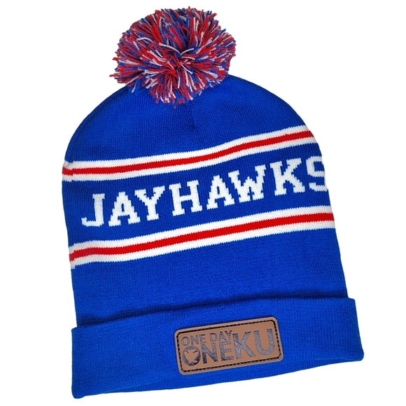 Kansas Jayhawks Knit Winter Beanie Hat KU Pom Pom Blue Red White Stretchy NEW - Picture 1 of 4